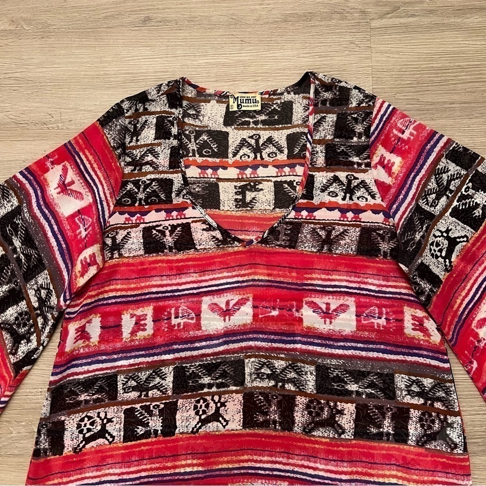 Show Me Your Mumu Boho Tribal Print Relaxed Sheer Tunic Top Bell Sleeves Size S - Picture 4 of 8